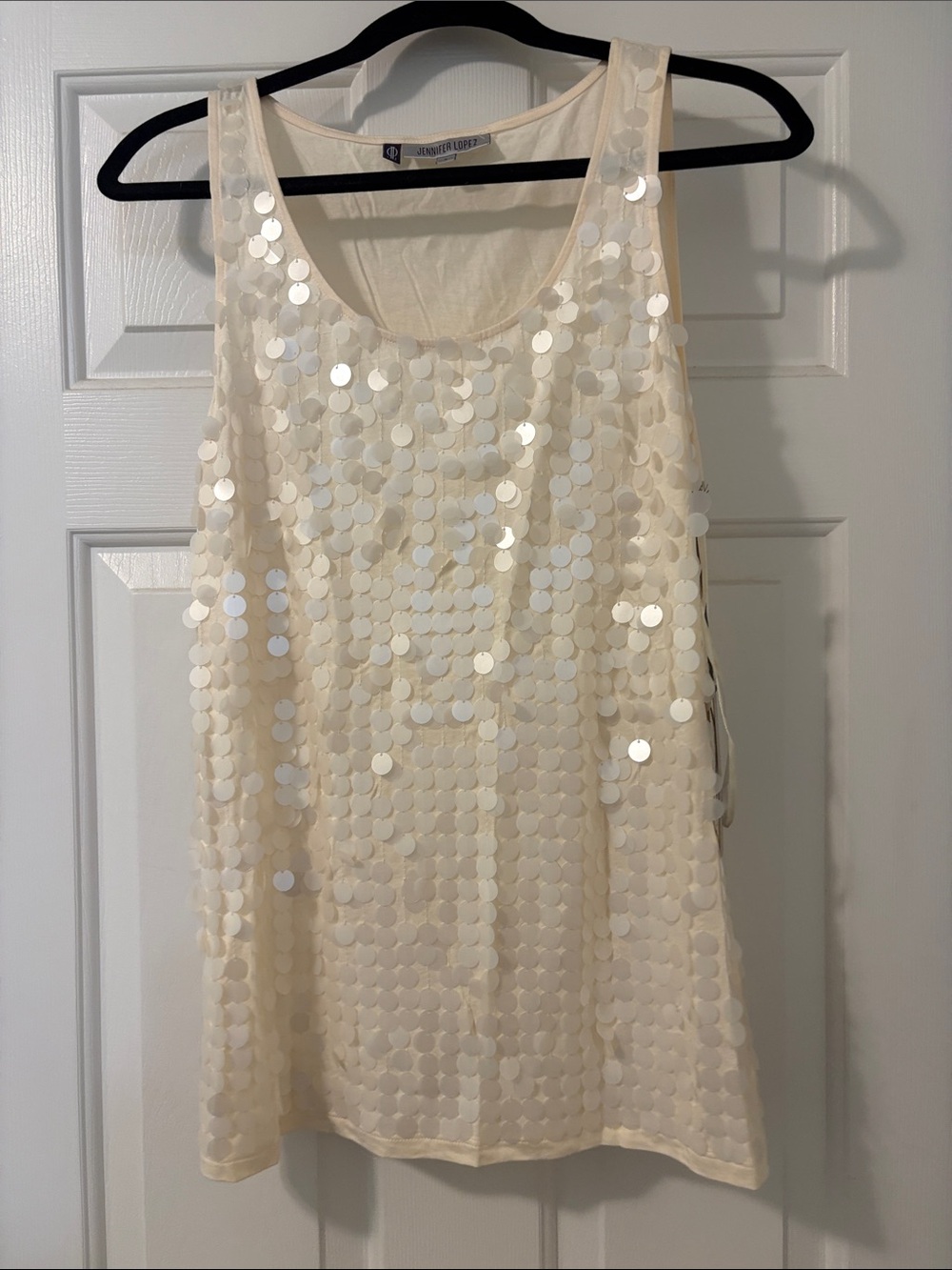 Jennifer Lopez Cream Sequin Sleeveless Top